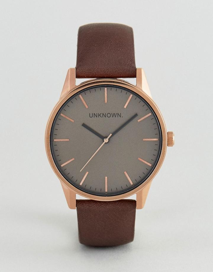 Unknown Classic Brown Leather Watch With Rose Gold Dial - Brown