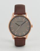 Unknown Classic Brown Leather Watch With Rose Gold Dial - Brown