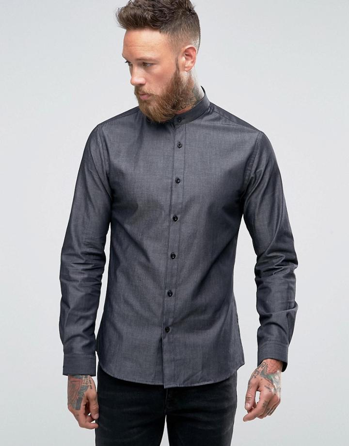 Heart And Dagger Grandad Shirt In Denim - Black