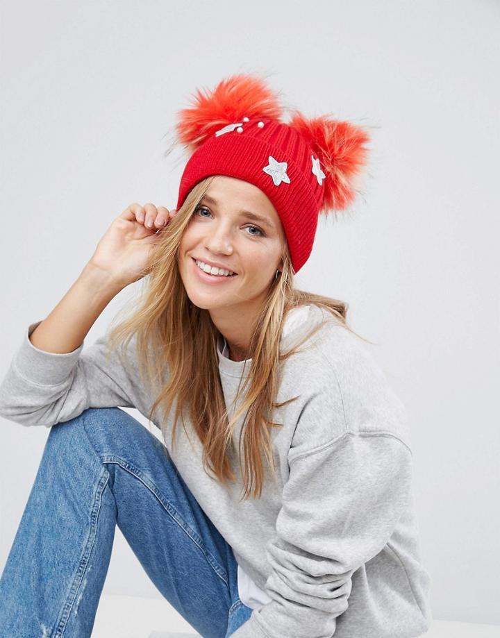 7x Double Pom Pom Star Patch Beanie Hat - Red