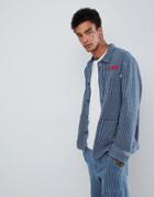 Fairplay Striped Worker Jacket With Chest Embroidery In Blue Stripe - Blue