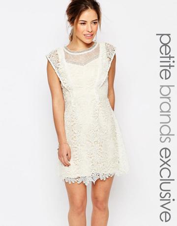 Little Mistress Petite All Over Lace Skater Mini Dress With Frill Sleeve Detail - Cream
