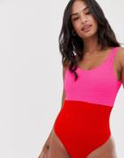 New Look Color Block Shirred Swimsuit In Bright Red - Red