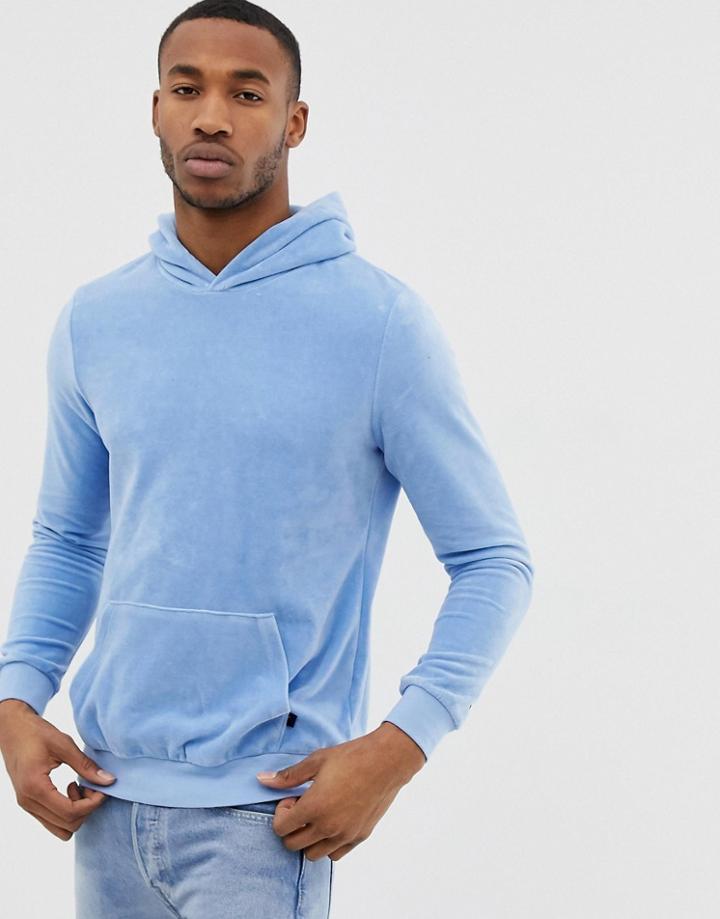 Bershka Velour Hoodie In Light Blue With Piping On Sleeve - Blue