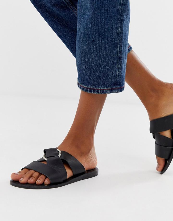 Asos Design Frankie Leather Ring Detail Flat Sandals-black