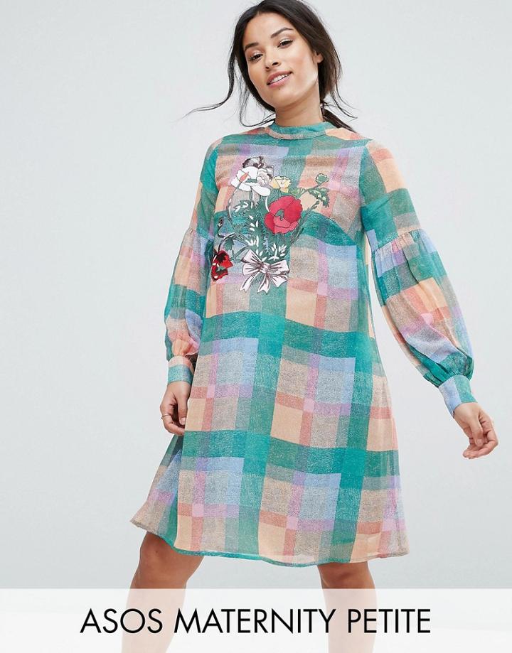 Asos Maternity Petite Check Dress With Embroidery - Multi