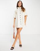 Lost Ink High Neck Ditsy Print Mini Smock Dress In Cream-multi