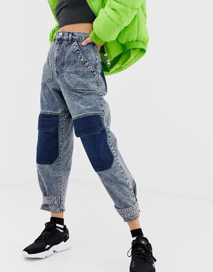 Asos Design Balloon Boyfriend Jeans In Acid Wash With Patch Detail - Blue