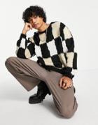 Asos Design Fluffy Knit Checkerboard Sweater In Black