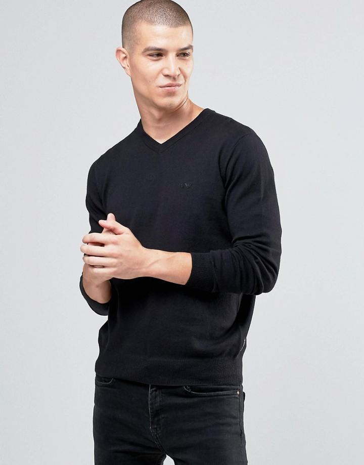 Armani Jeans Sweater With V Neck & Logo In Black - Black
