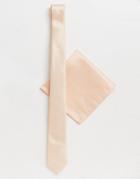 Asos Design Slim Tie & Pocket Square In Peach - Pink