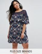 Rage Plus Plus Swing Dress In Floral Print With Mesh Insert - Multi