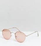 Asos Design Metal Round Sunglasses In Rose Gold With Pink Mirror Lens - Gold