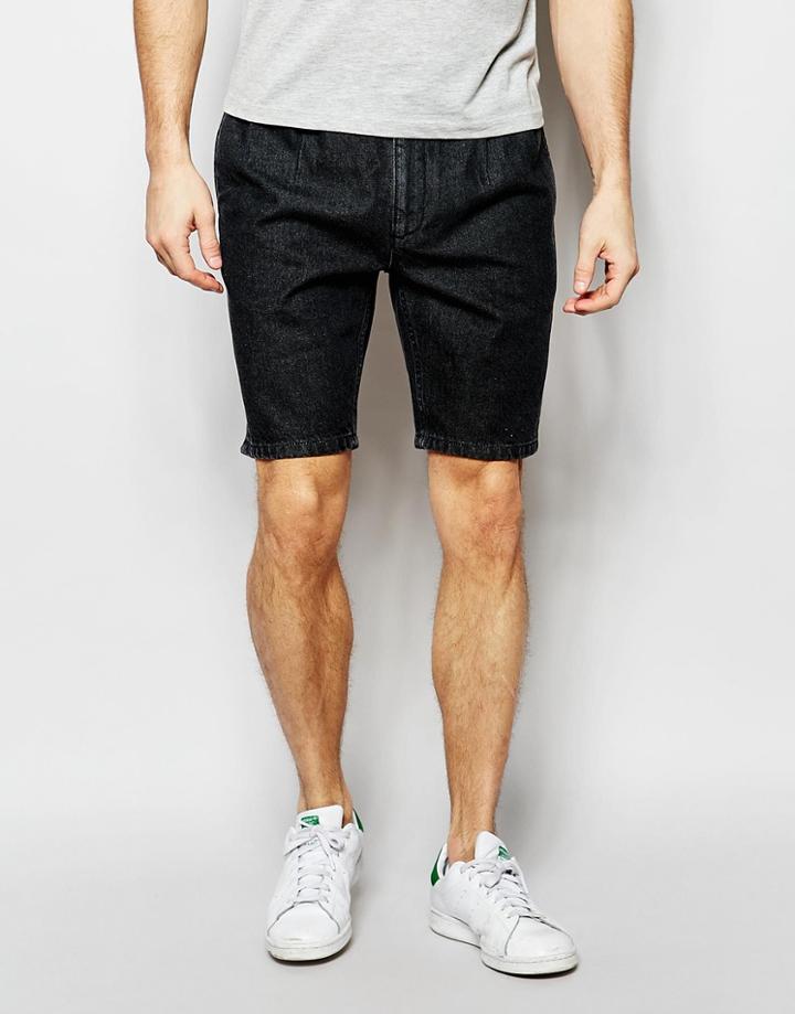Asos Denim Short With Double Pleat Detail In Mid Gray - Washed Black