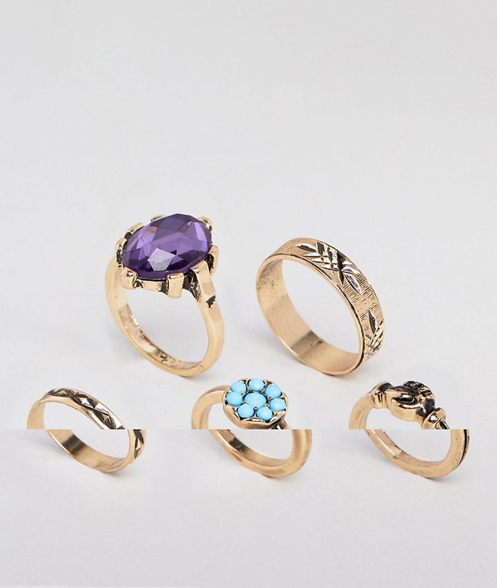 Asos Design Pack Of 5 Vintage Style Ornate Hand And Stone Rings - Gold