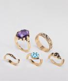 Asos Design Pack Of 5 Vintage Style Ornate Hand And Stone Rings - Gold