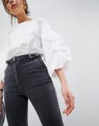Asos Design Farleigh High Waist Slim Mom Jeans In Washed Black With Western Buckle Tab - Black