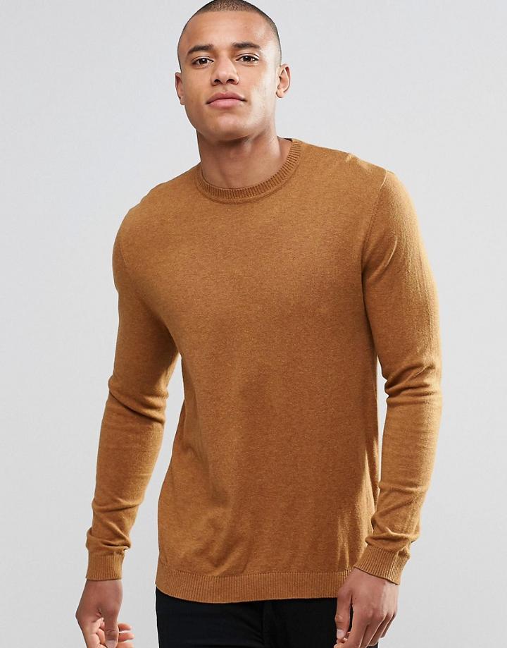Asos Crew Neck Sweater In Tan Cotton - Tan