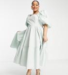 Asos Edition Curve Waisted Midi Dress With Tiered Hem In Sage Green