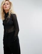 Moss Copenhagen Long Sleeve Top In Sheer Stripe With High Neck - Black