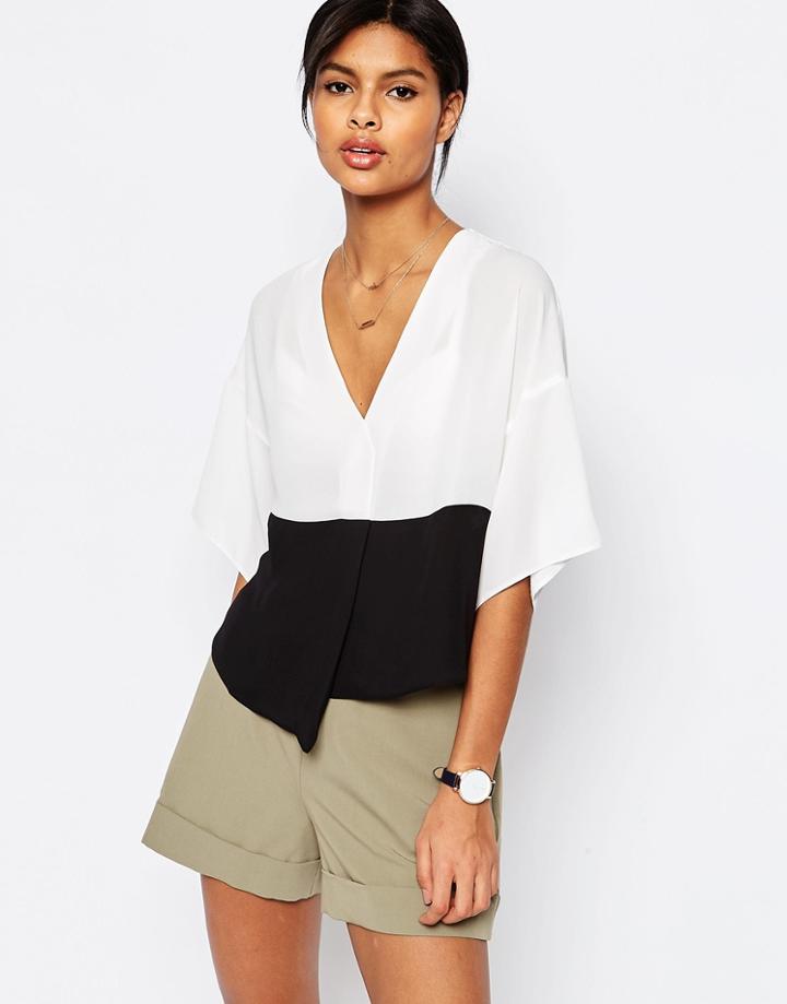 Asos Mono Color Block Cropped Obi Blouse - White