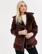 Asos Design Suede Aviator Coat With Faux Fur Lining In Brown