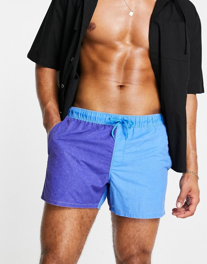 Asos Design Swim Shorts In Blue Color Block Acid Wash Short Length