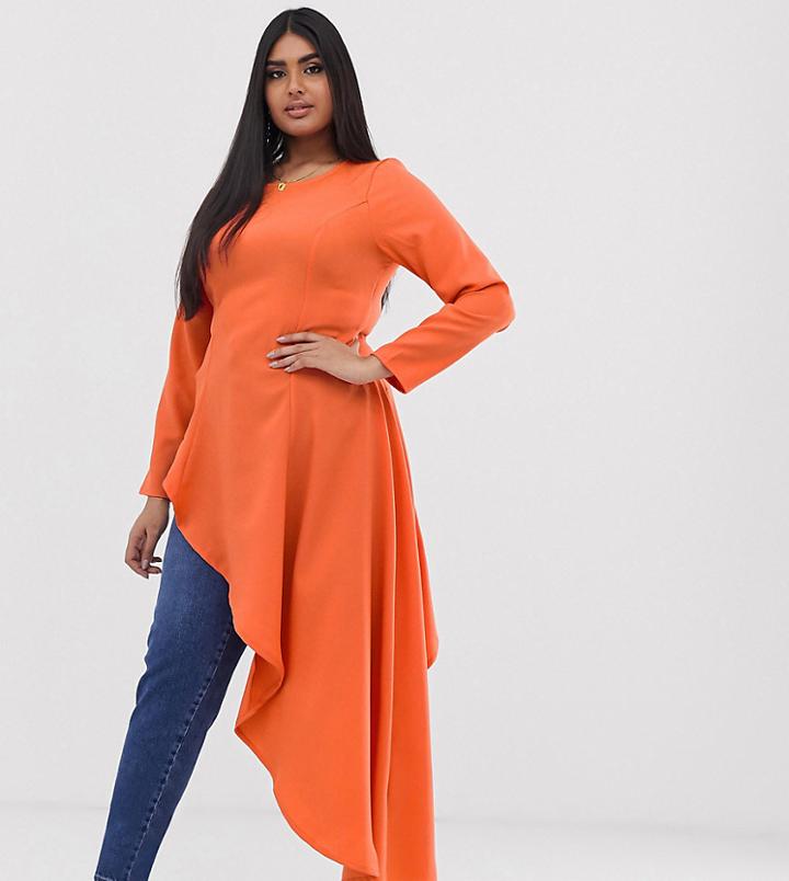 Verona Curve Aysmetric Long Sleeved Top In Orange - Orange