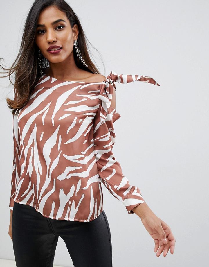 Asos Design One Shoulder Satin Top In Zebra Print - Multi