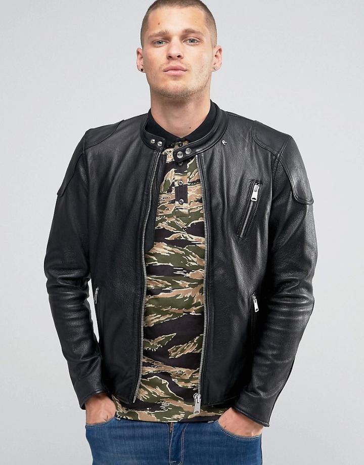 Replay Leather Biker Jacket In Worn Black - Black