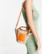 South Beach Mini Cross Body Bag With Orange Patch In Natural Straw