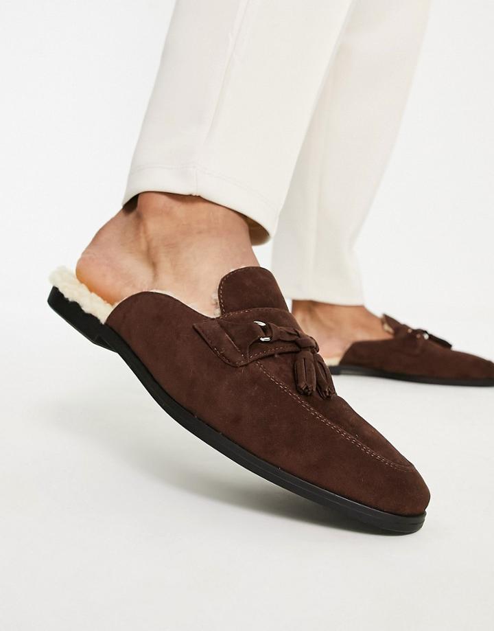 Asos Design Mule Loafers In Brown Faux Suede With Tassel Detail And Borg Lining