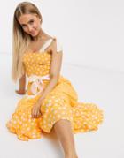 River Island Polka Dot Shirred Midi Dress In Orange