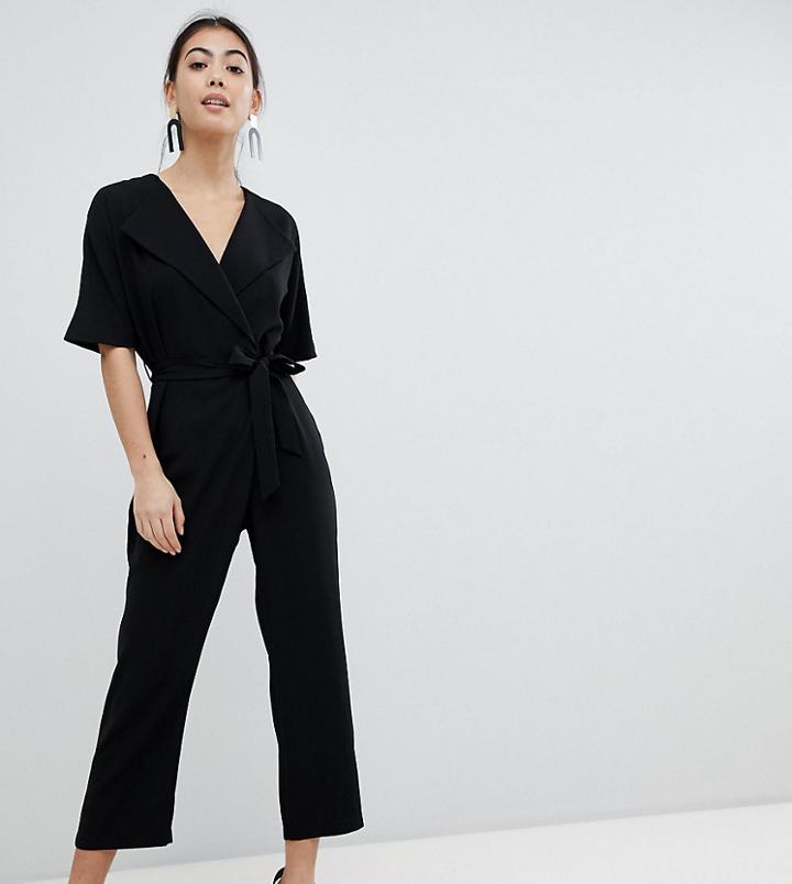 Asos Design Petite Wrap Jumpsuit With Self Belt-black
