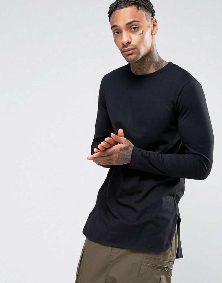 Asos Super Longline Long Sleeve T-shirt With Curved Step Hem - Black