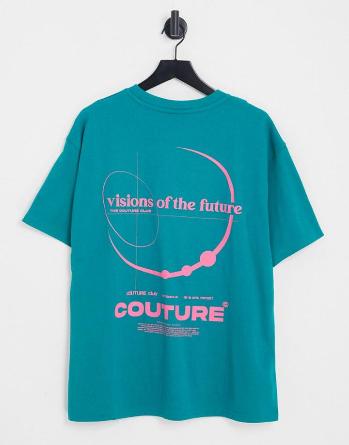 The Couture Club Oversized T-shirt In Teal With Futuristic Placement Print-blue