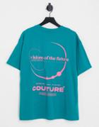 The Couture Club Oversized T-shirt In Teal With Futuristic Placement Print-blue