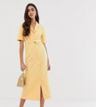 Asos Design Tall Denim Belted Midi Dress In Buttermilk-stone