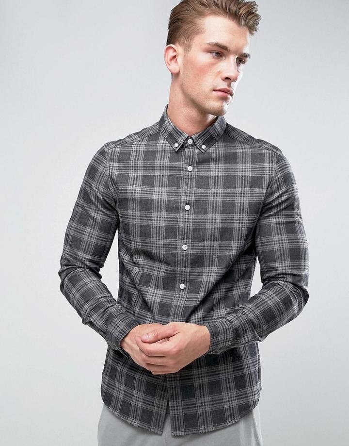 Asos Stretch Slim Denim Check Shirt - Black