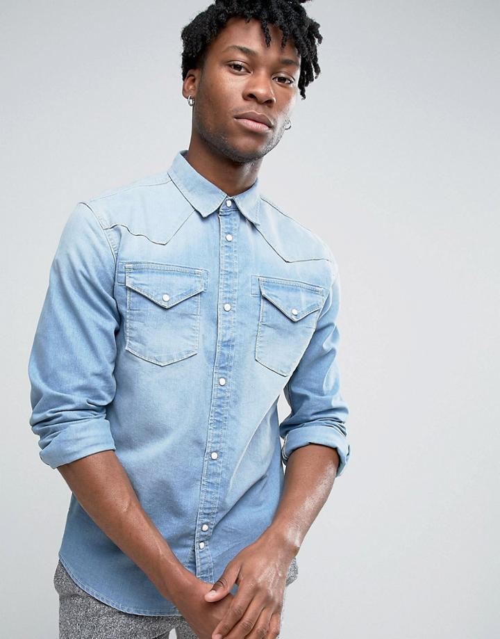 Bellfield Western Denim Shirt In Mid Wash - Blue