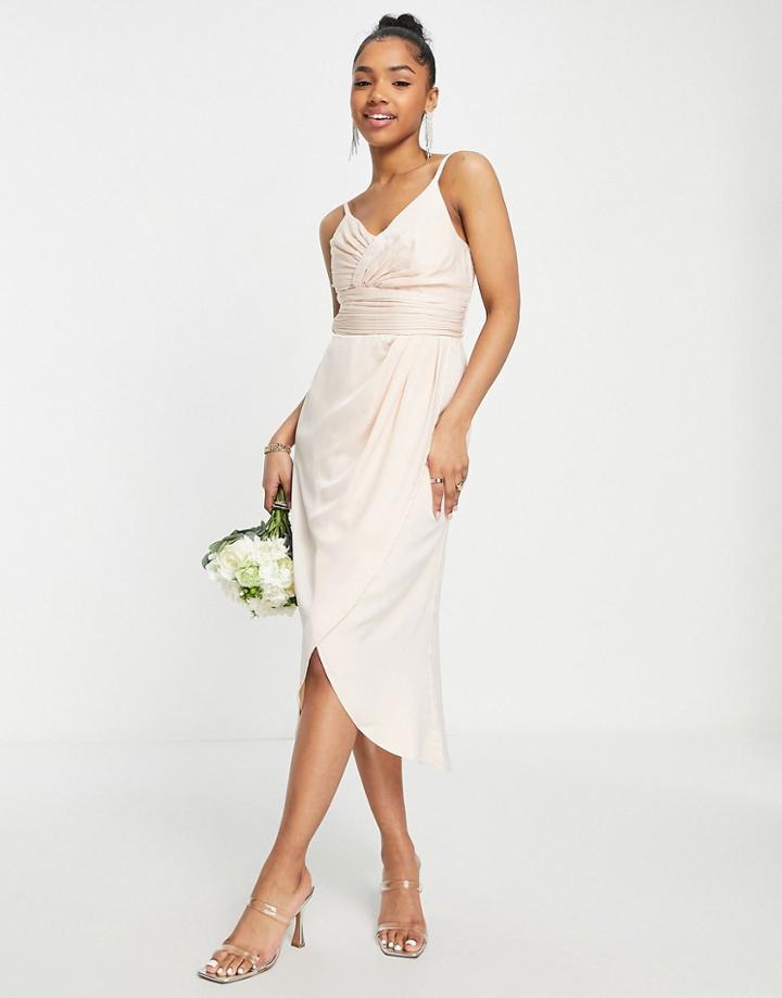 Little Mistress Bridesmaid Satin Wrap Dress In Sand-orange