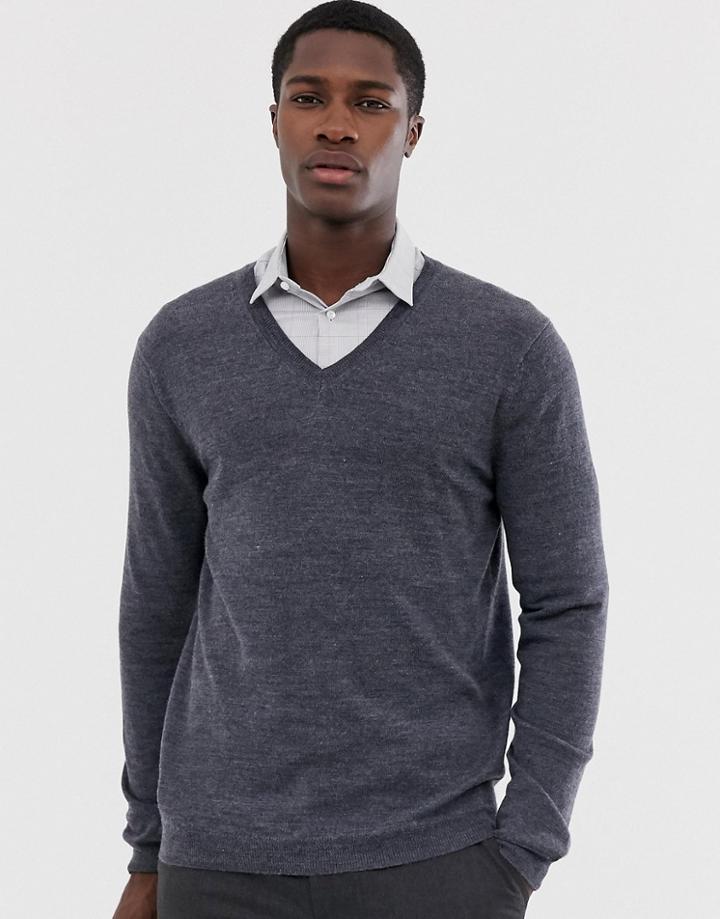 Asos Design Merino Wool V-neck Sweater In Charcoal-gray