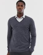 Asos Design Merino Wool V-neck Sweater In Charcoal-gray