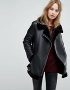 New Look Faux Shearling Suedette Aviator Jacket - Black