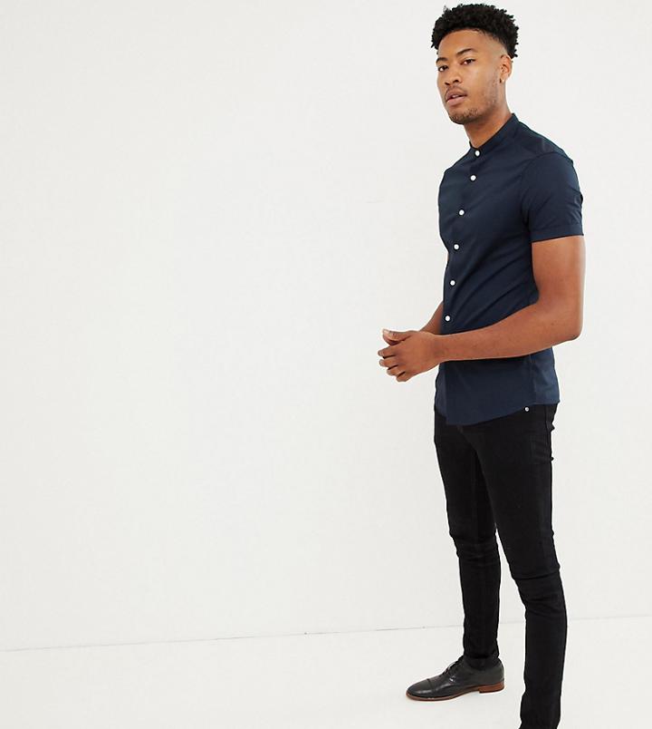 Asos Design Tall Skinny Shirt With Grandad Collar In Navy - Navy