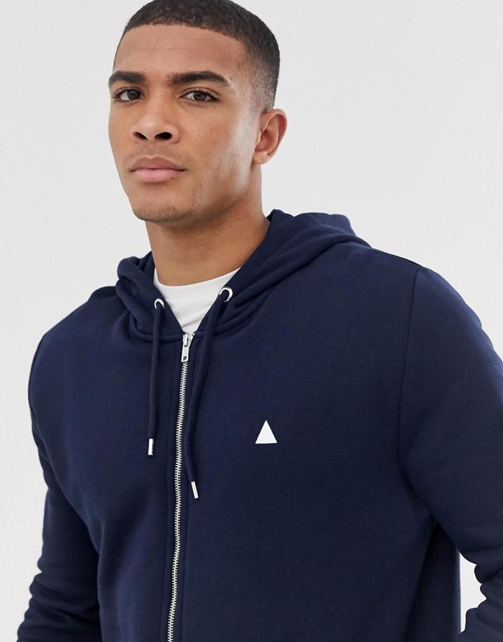 Asos Design Zip Up Hoodie In Navy With Navy Triangle