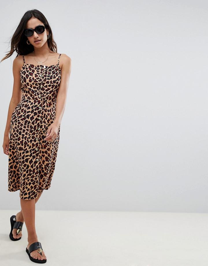 Asos Design Button Through Midi Linen Sundress In Leopard Print - Multi