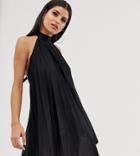 Asos Design Tall Backless Halter Pleated Mini Dress-black