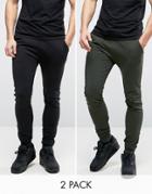 Asos Super Skinny Joggers 2 Pack In Khaki/black Save - Multi