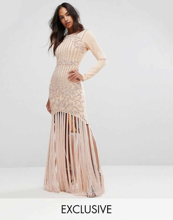 A Star Is Born Pencil Dress With Faux Pearl Baroque Embellishment And Tassle Hem - Pink